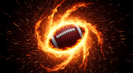 Fiery American Football, engulfed in a ring of swirling flames and explosive sparks on a dark background, representing intense sports competition and dynamic energy.