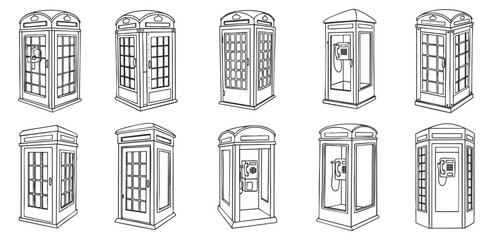Fototapeta premium A collection of vintage telephone booths in outline vector style, perfect for urban design projects and illustrations