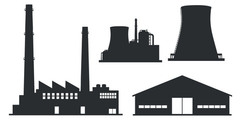 A collection of industrial buildings including factories, cooling towers, and warehouses in black silhouette vector style, suitable for engineering and construction projects
