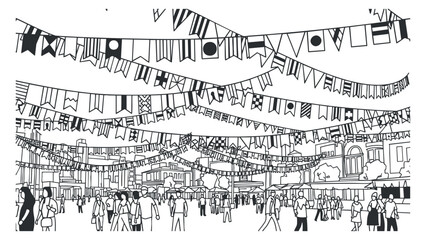 A lively outdoor festival scene with diverse crowds and hanging flags in black and white vector style, ideal for event promotion and cultural themes