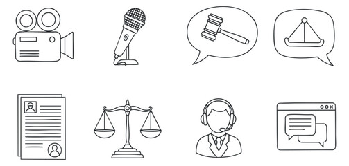 A collection of legal and media icons including a camera, microphone, gavel, scales, and speech bubbles in minimalist outline vector style, ideal for law-related branding and communication