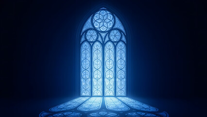 Glowing stained glass window in dark setting with blue light