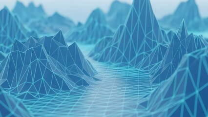 Abstract Blue Wireframe Landscape with Geometric Mountains and Water Surface.