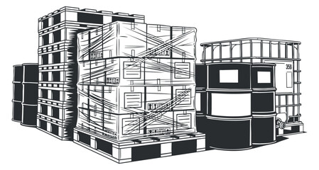 A collection of stacked pallets and storage containers in black and white outline vector style, ideal for logistics and industrial design