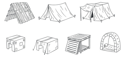 A collection of various camping tents and shelters in minimalist line art vector style, ideal for outdoor adventure themes