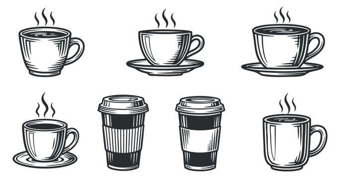 A collection of various coffee and tea cups with steaming beverages in black and white outline vector style, perfect for cafe branding and menu design