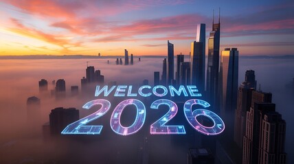 Welcome 2026 above a city with skyscrapers bathed in soft light.