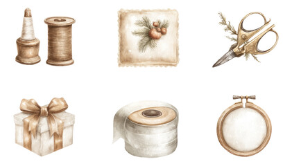 Vintage Soft Pastel Craft Tools and Sewing Supplies on Transparent Background