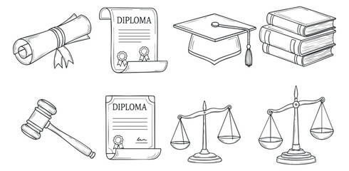 A collection of education and law-related icons including diplomas, a gavel, scales of justice, and books in outline vector style, suitable for educational and legal themes