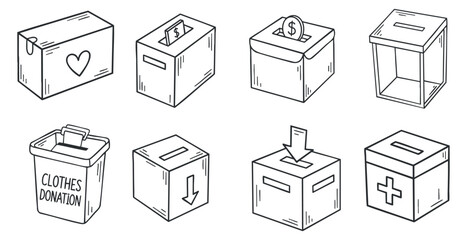 A collection of donation boxes for clothes, money, and health in simple black and white outline vector style, ideal for charity projects