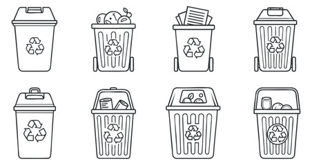 A collection of recycling bins and trash containers in clean outline vector style, suitable for environmental awareness and educational materials