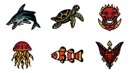 Retro Bold Line Tattoo Illustrations of Aquatic Animals on Transparent Background