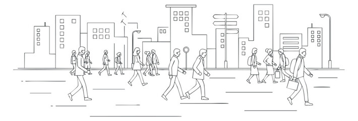 Obraz premium A line art illustration of people walking in an urban cityscape with buildings in minimalist black and white style, ideal for urban lifestyle graphics