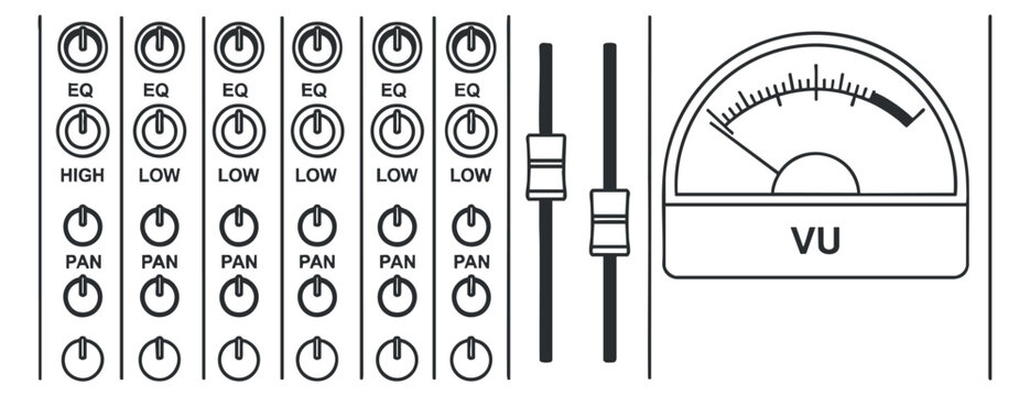 A detailed illustration of an audio mixing console with equalizer controls and a VU meter in black and white minimalist vector style, suitable for music production and sound engineering projects