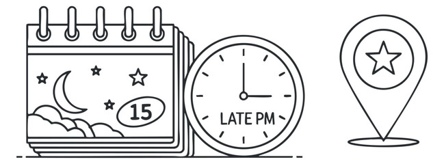 A calendar with night scene, a clock showing late PM time, and a location marker in black and white minimalist vector style, ideal for scheduling and planning applications