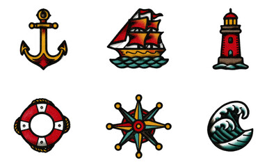 Vintage Maritime Tattoo Icons Collection on Transparent Background