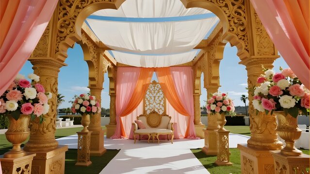 Elegant wedding mandap decorated with flowers and drapes