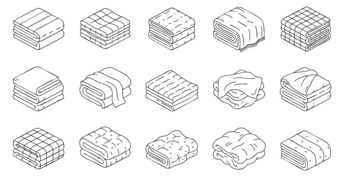 A collection of various folded blankets and towels in clean outline minimalist vector style, ideal for home decor and textile design