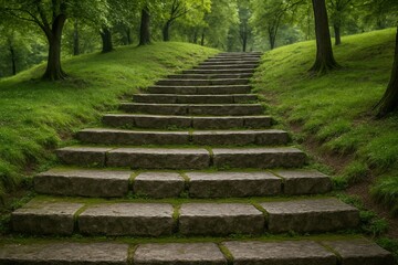 Stone staircase in a park hillside, moss details visible between each step.