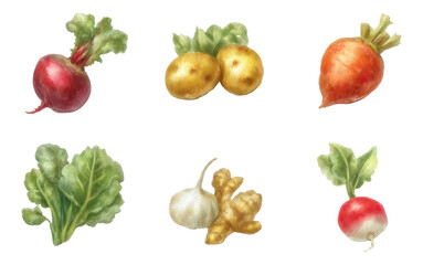 Hyper-realistic collection of root vegetables isolated on transparent background