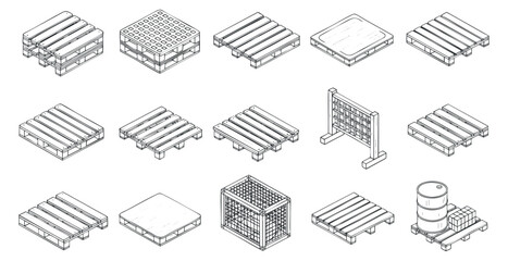 A collection of various pallets, crates, and storage containers in minimal outline vector style, suitable for logistics and industrial design
