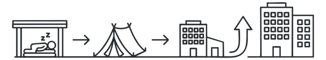 Homelessness support and housing transition icons in black and white line style, vector illustration isolated on transparent background