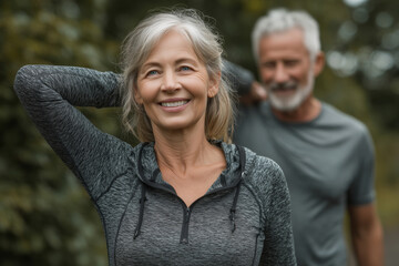 Senior fitness journey with personal trainer in a serene outdoor setting