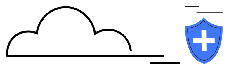 Obraz premium Cloud security, data protection, healthcare systems, online storage, secure networks, technology security. Minimalist cloud illustration with shield symbol and cross. Cloud security and data