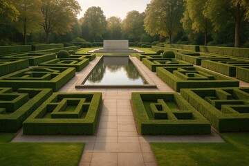 Park memorial garden layout with geometric hedges and quiet reflective space. 