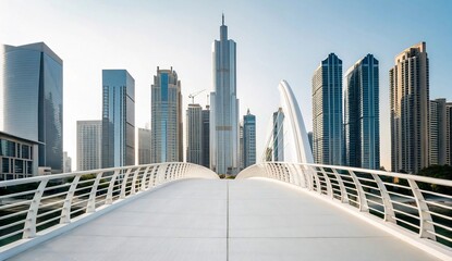 Modern city skyline with a futuristic bridge in the foreground, showcasing urban development and architectural innovation