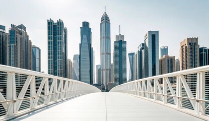 Naklejka premium Modern cityscape featuring white pedestrian bridge framing towering skyscrapers under clear sky, showcasing contemporary architecture and vibrant urban development