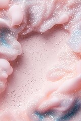 Fototapeta premium A soft, pearlescent backdrop is surrounded by shimmering glitter in pastel pink, blue, and silver hues. This dreamy space exudes an airy feel ideal for elegant designs