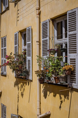 Window bxes on a yellow wall, Nice, France