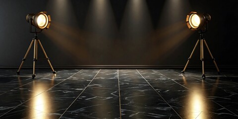 Spotlights illuminating a dark stage with a reflective marble floor, creating a dramatic and theatrical atmosphere