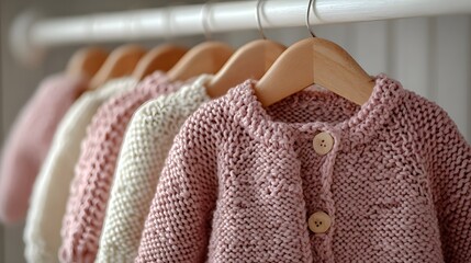 Pink knitted baby cardigans hanging on white wooden hangers with soft pastel nursery aesthetic and gentle lighting highlighting the wool texture.
