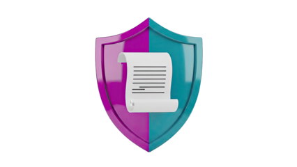 3D Shield with Contract Document Icon on transparent background