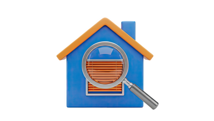3D House search symbol with magnifying glass on transparent background