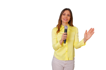 Woman presenting and speaking into a microphone, communicating message, hosting talk show, engaging audience, transparent background