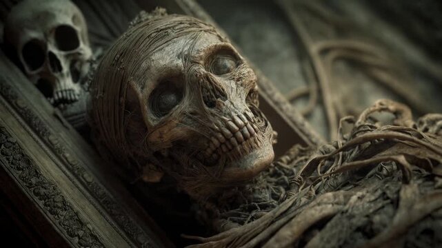 Weathered animal skull tangled in dry roots and branches evoking mystery mortality nature cycles and dark storytelling themes for documentaries fantasy and horror