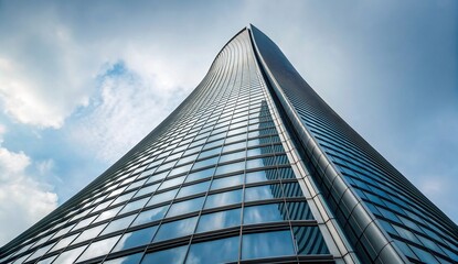 Sleek and majestic modern skyscraper with a reflective glass facade soaring towards a cloudy blue sky, embodying contemporary urban architecture and impressive design