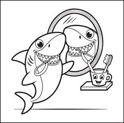 Fototapeta premium Cute shark cleaning teeth with mirror in sea underwater scenery black line art vector illustration for children coloring page design