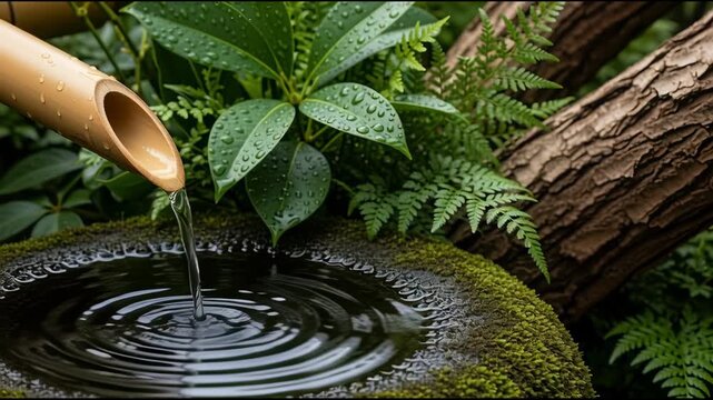 Tranquil water feature bamboo fountain in lush garden environment
