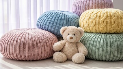 可愛いテディベアがニットプフの上に座って、とても穏やかな雰囲気を作り出す