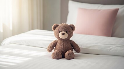 ふわふわテディベアがベッドの上にちょこんと座って、可愛らしく微笑む