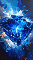 A vibrant blue gem, radiating light, is set against a textured, abstract background of blues, whites, and earthy tones