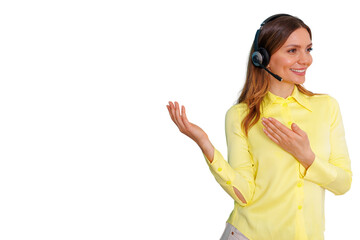 Smiling woman wearing headset communicating, presenting, or offering a service with hand gestures on transparent background