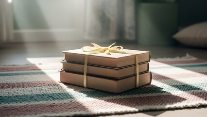美しい光の中で輝く、リボンの装飾が施された本の積み重ねが心を癒す