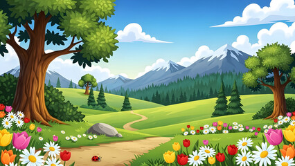 Vibrant cartoon spring landscape with wildflowers, trees, and distant snow-capped mountains