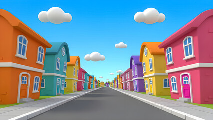 Colorful cartoon village street with row houses under blue sky