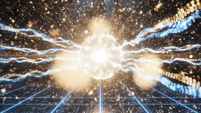 Digital energy sphere with binary code streams and glowing grid background.